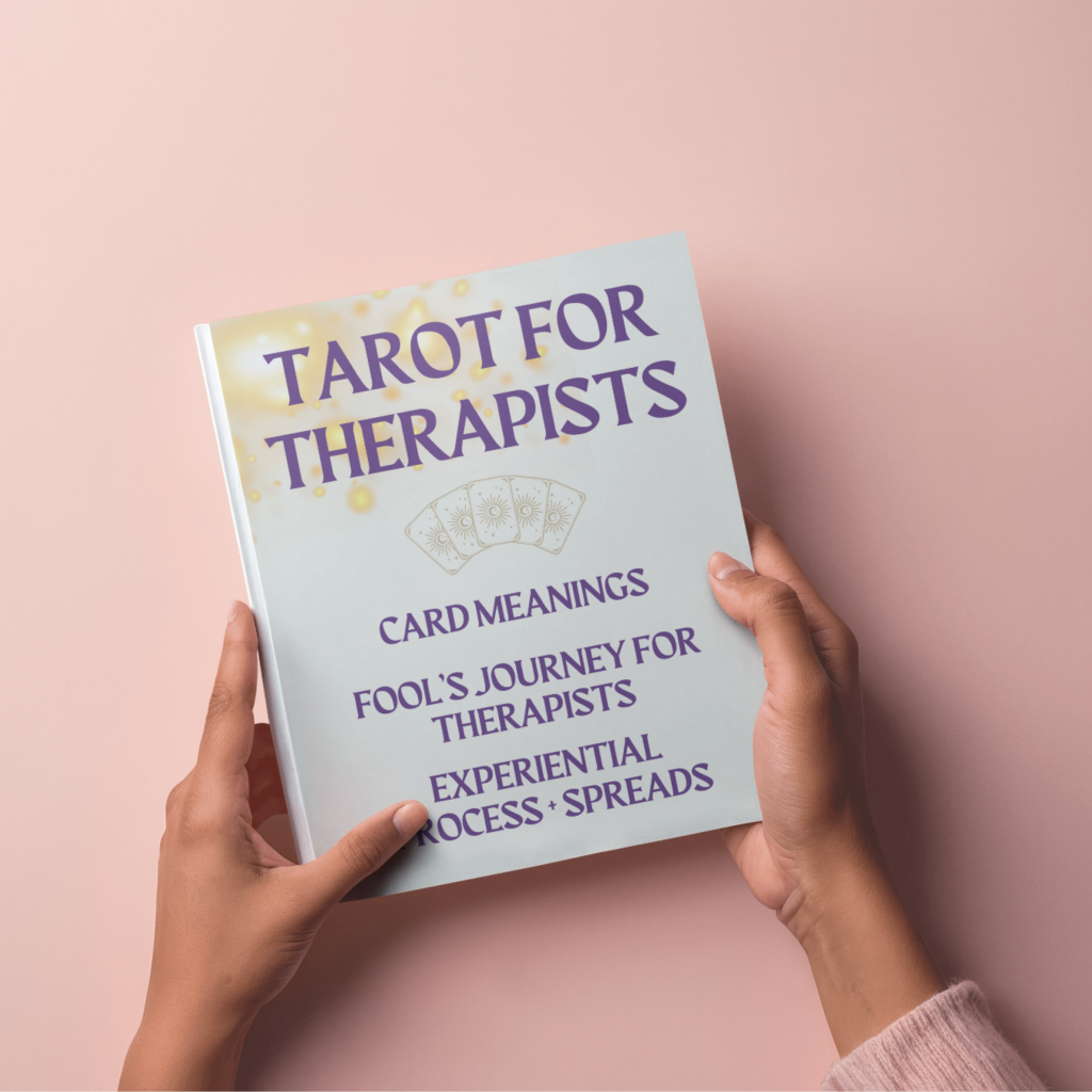 An image of a zine called Tarot for Therapists with card meanings, the fool's journey for therapists, and experiential process and spreads.