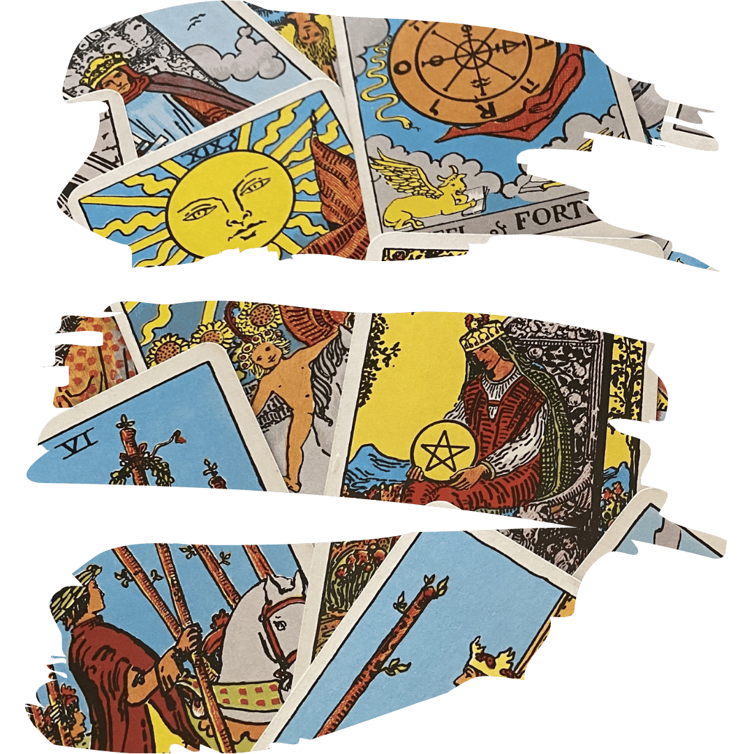 A pile of tarot cards from the Rider Waite Smith deck.